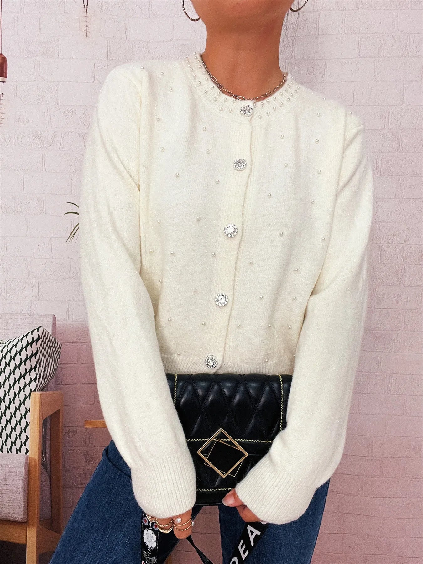 Pearl Detail Button-Front Cardigan NicholesGifts