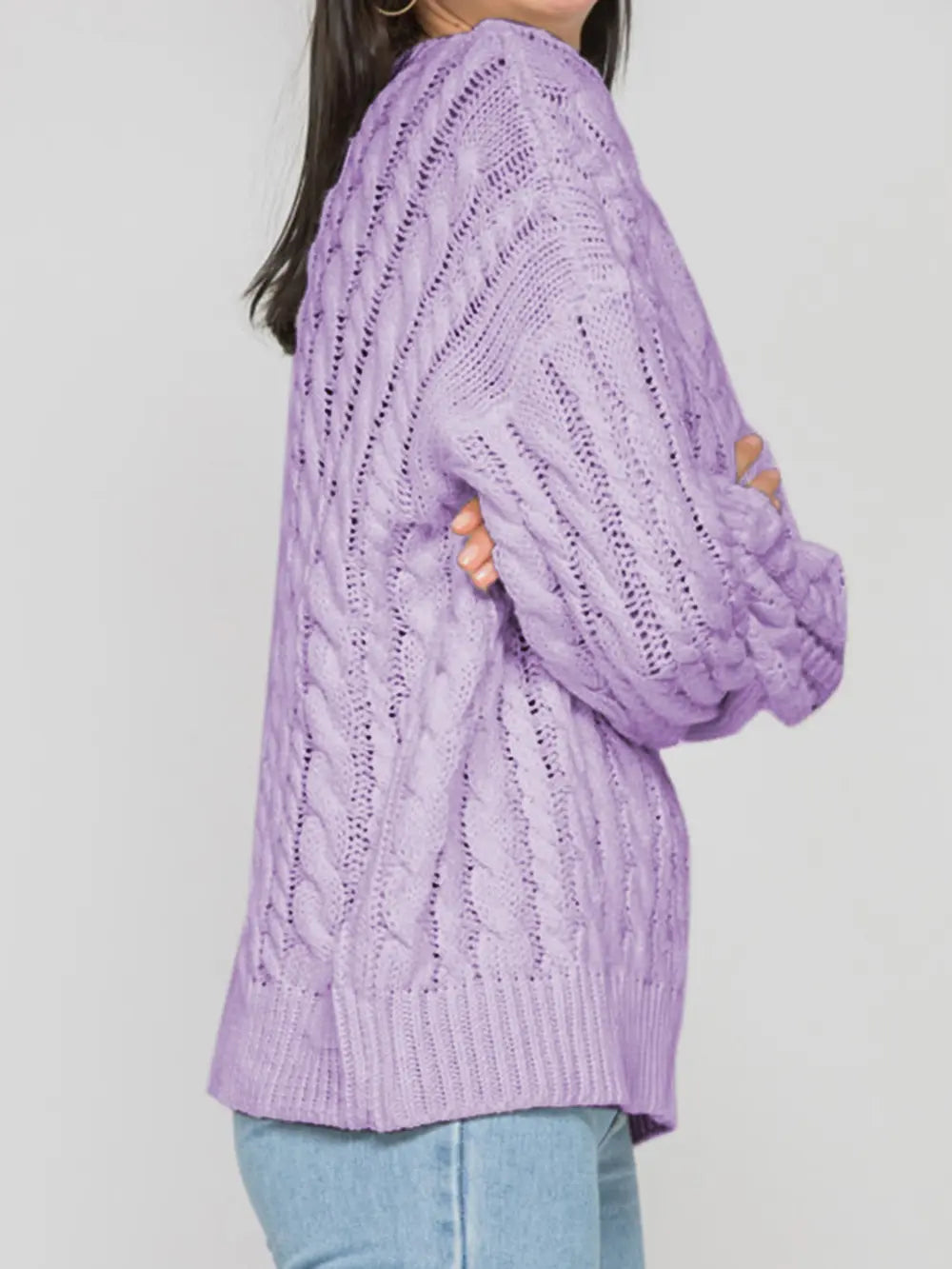 Openwork Round Sleeve Cable-Knit Sweater Trendsi