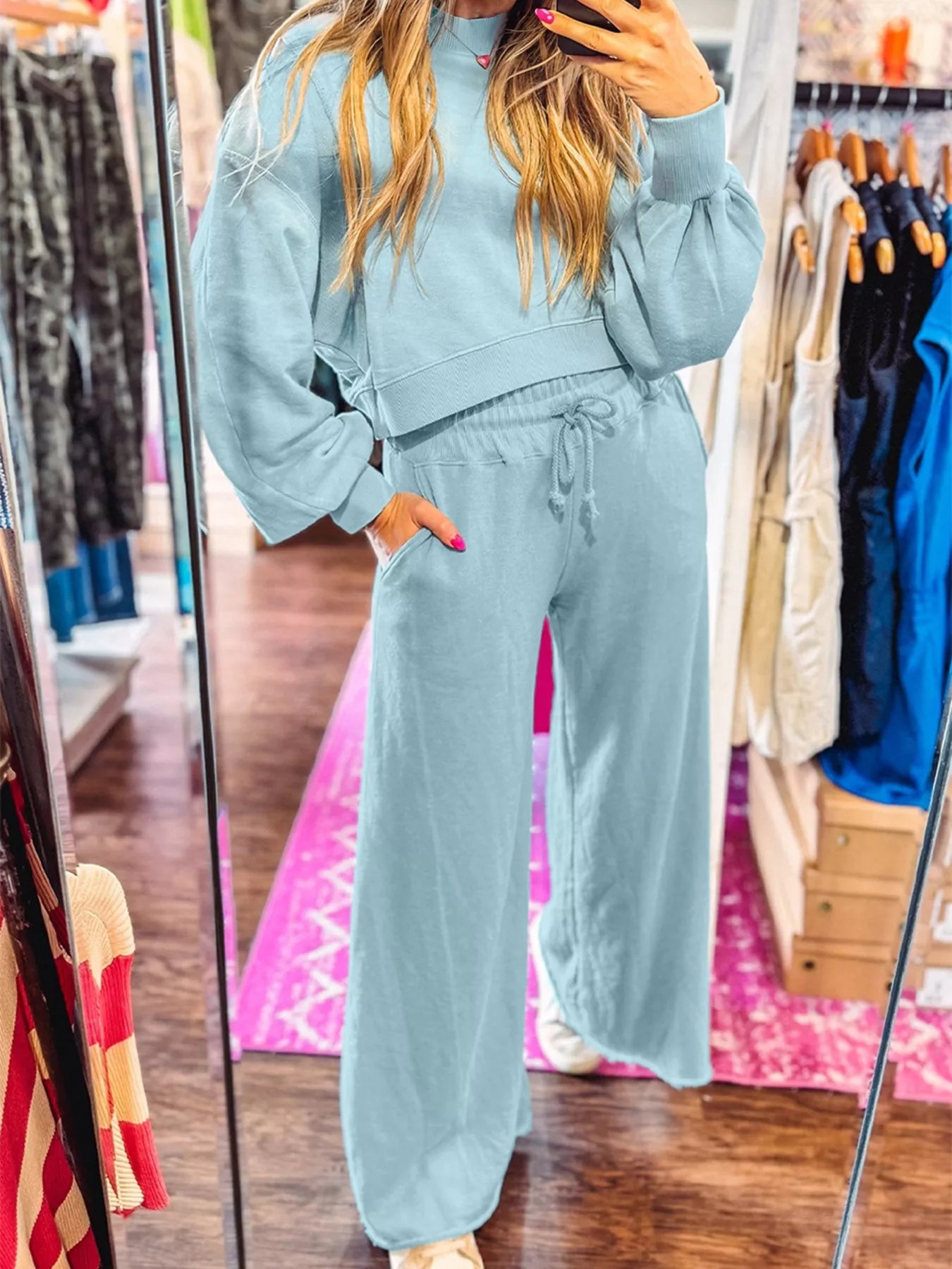 Drop Shoulder Puff Sleeve Crop Top and Drawstring Wide Leg Pants Set Trendsi