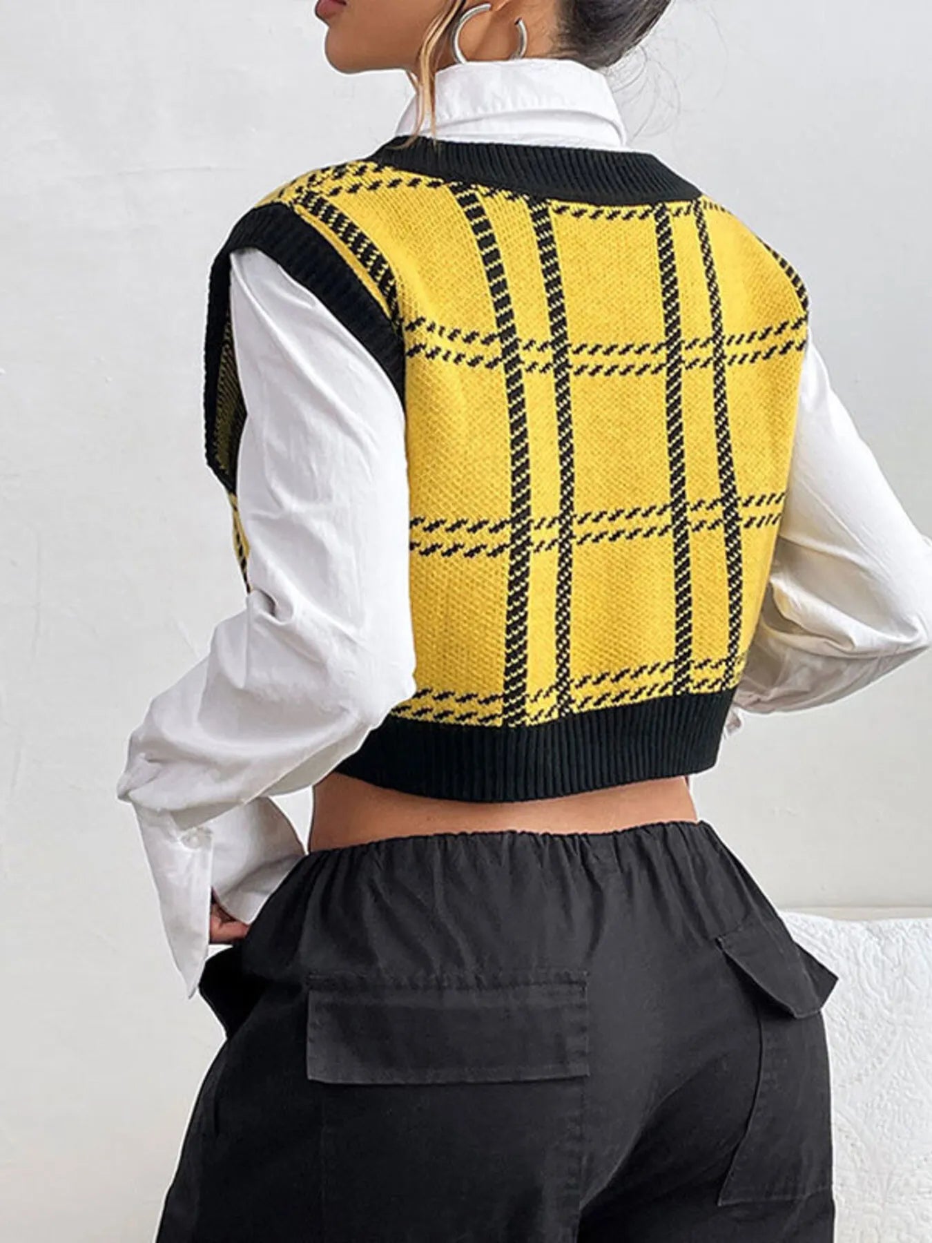 Plaid V-Neck Cropped Sweater Vest Trendsi