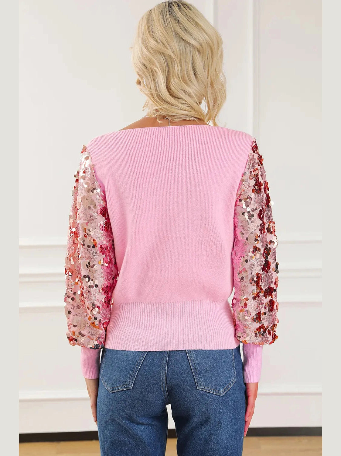 Sequin Long Sleeve V-Neck Sweater Trendsi