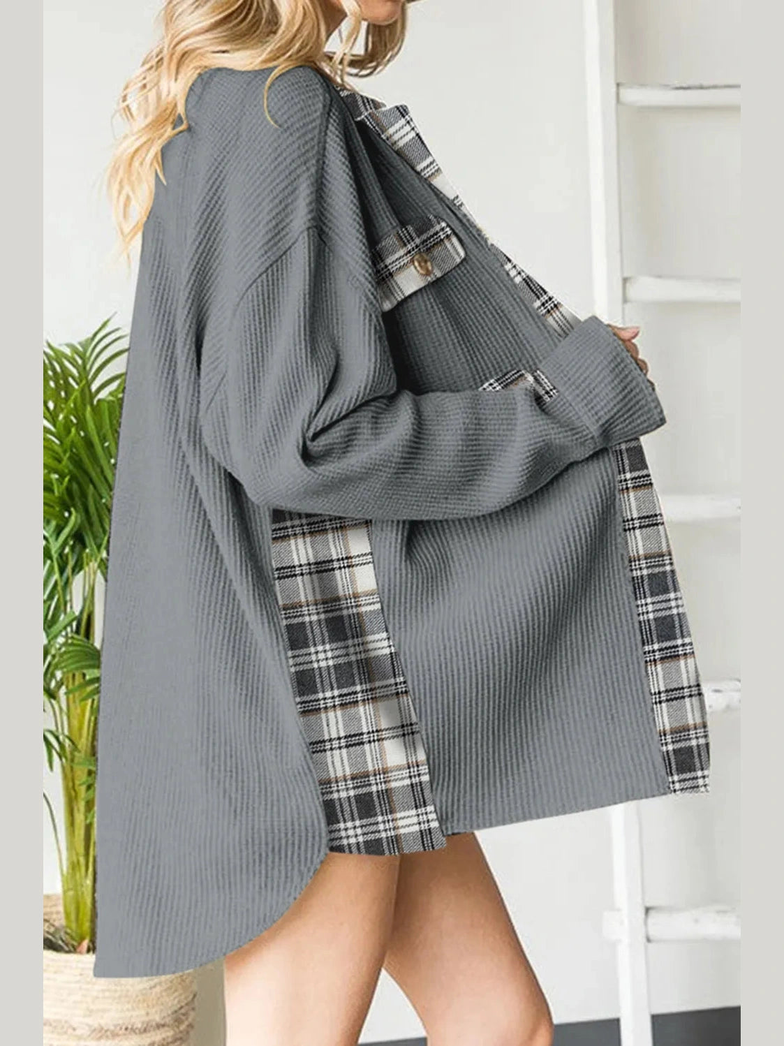 Plaid Button Down Collared Jacket nicholesgifts