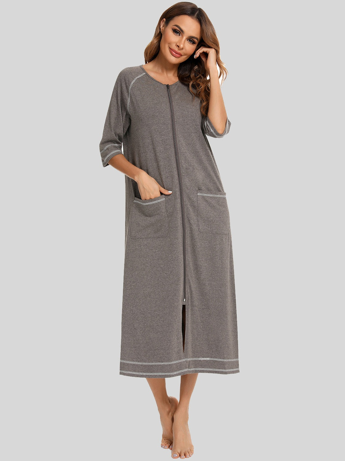 Zip Up Slit Round Neck Night Dress with Pockets nicholesgifts