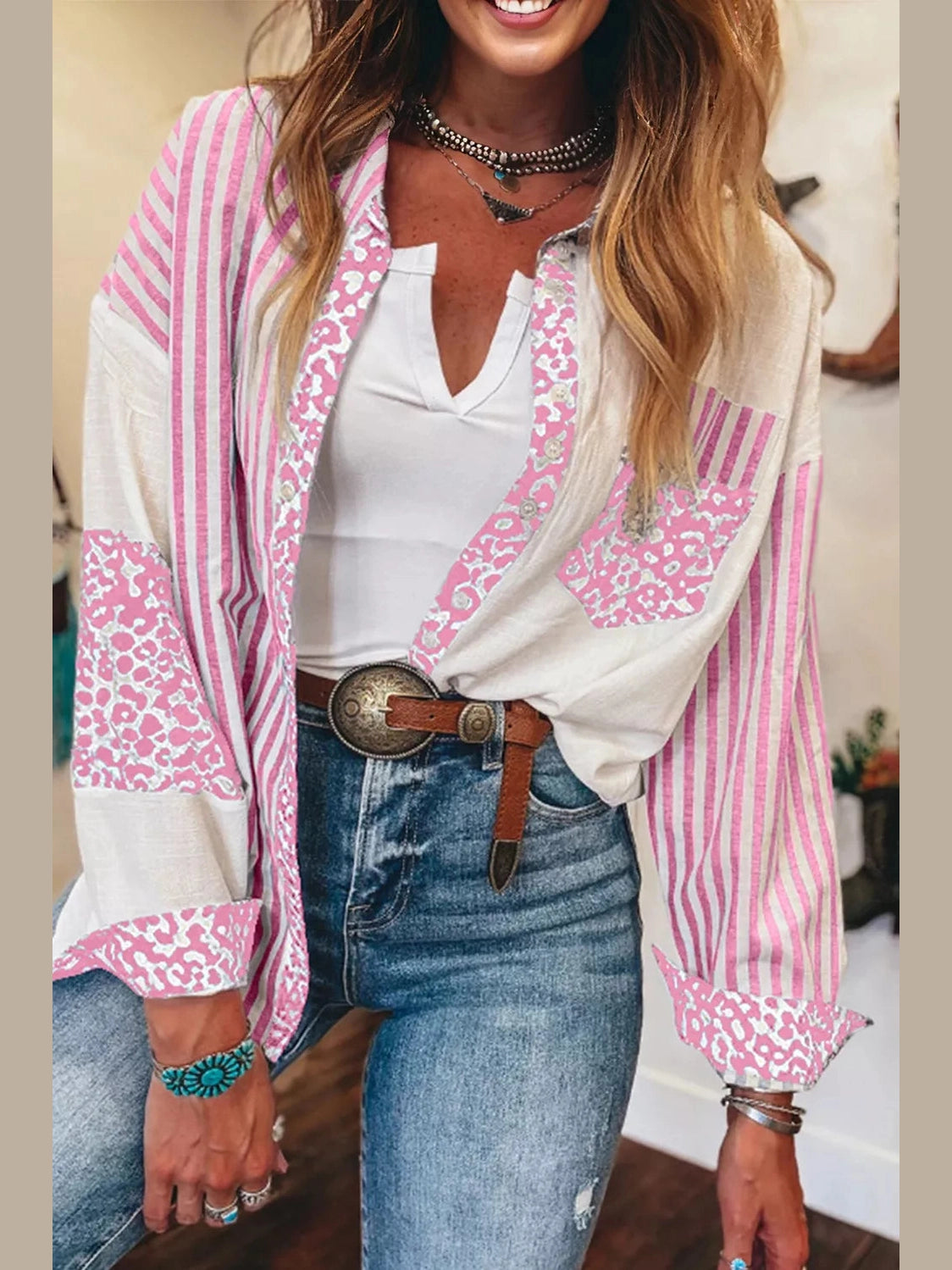 Leopard Striped Western Casual Shirt Trendsi
