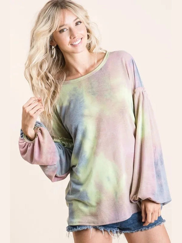 BiBi Tie Dye French Terry Sweatshirt With Bubble Sleeves Trendsi