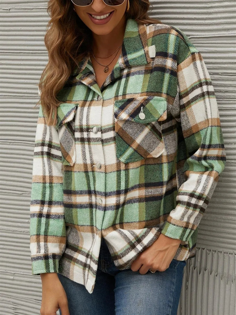 Plaid Collared Neck Long Sleeve Jacket Trendsi
