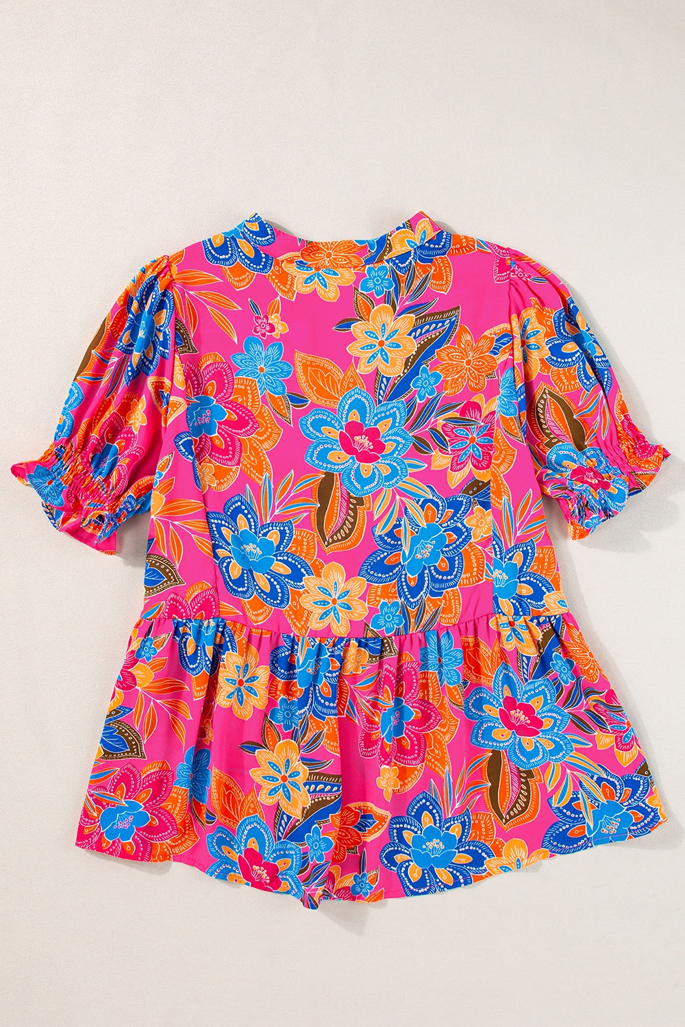 Peplum Printed Notched Short Sleeve Blouse nicholesgifts