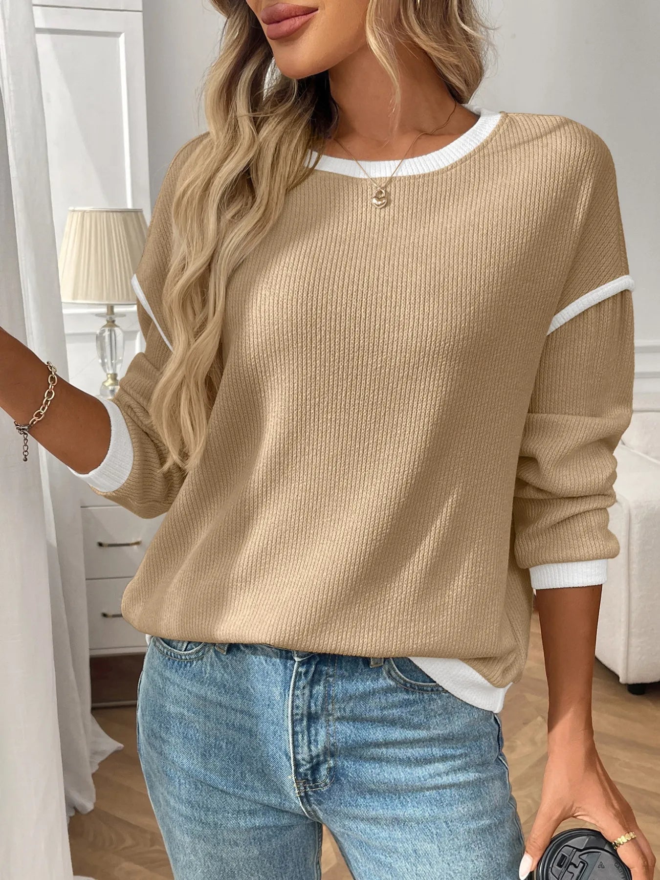 Ribbed Contrast Trim Long Sleeve Top