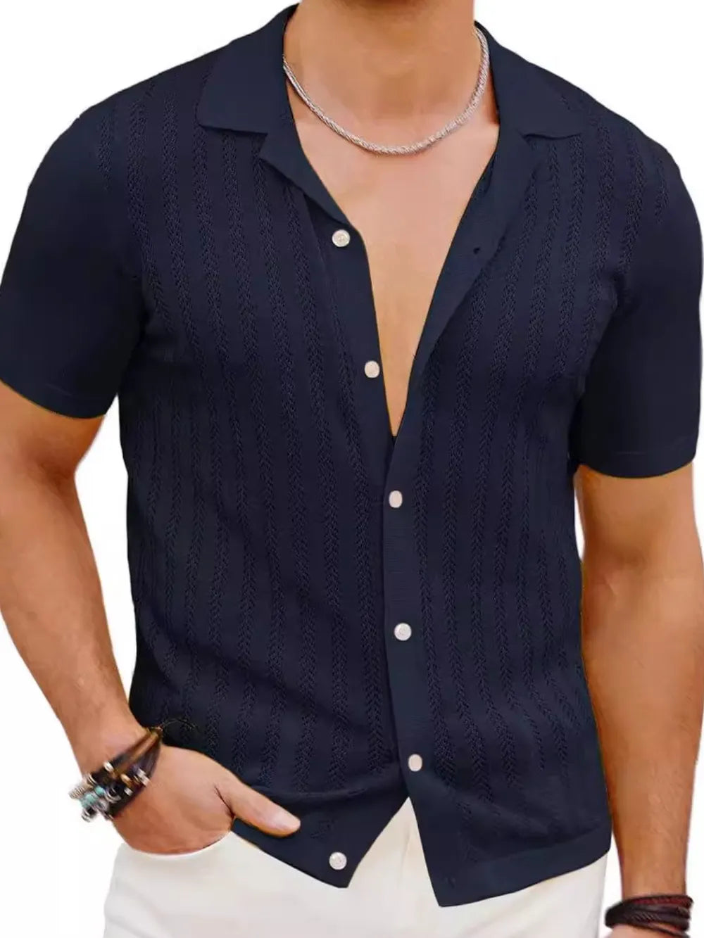 Men's Full Size Openwork Button Down Short Sleeve Shirt Plus Size NicholesGifts