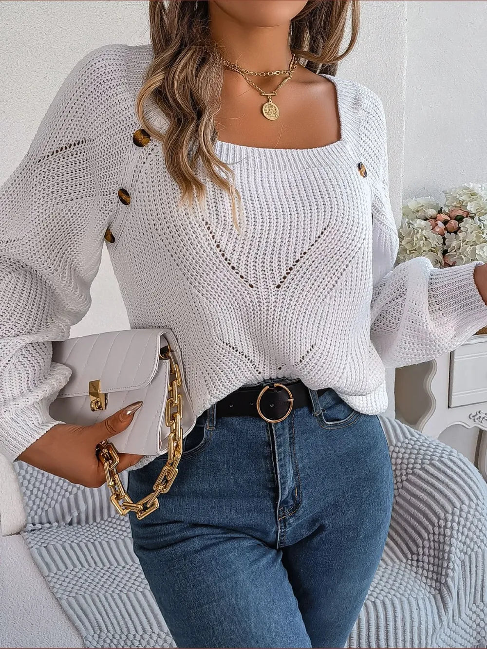 Openwork Buttoned Square Neck Sweater Trendsi