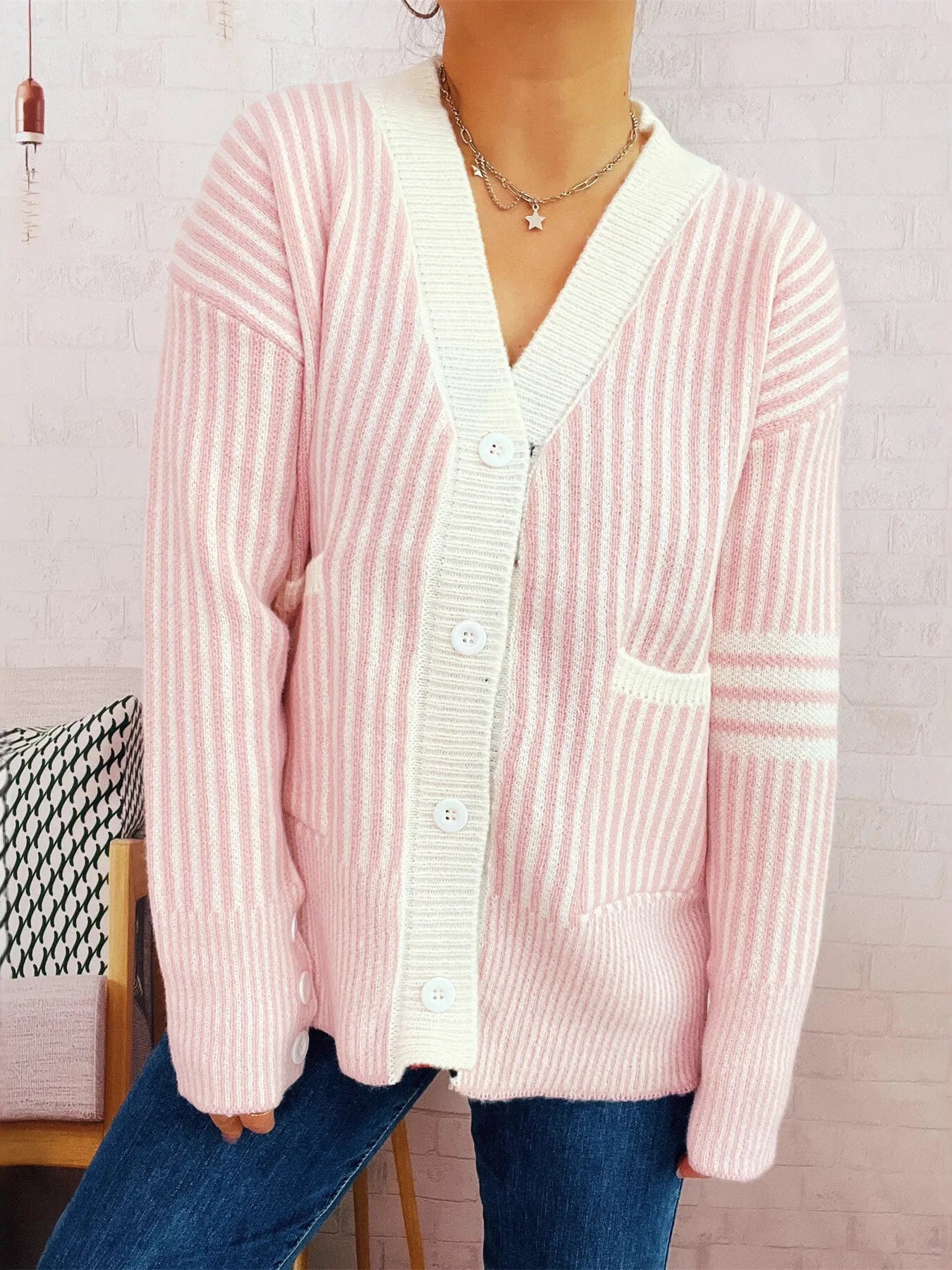Striped Button-Front Cardigan with Contrast Trim