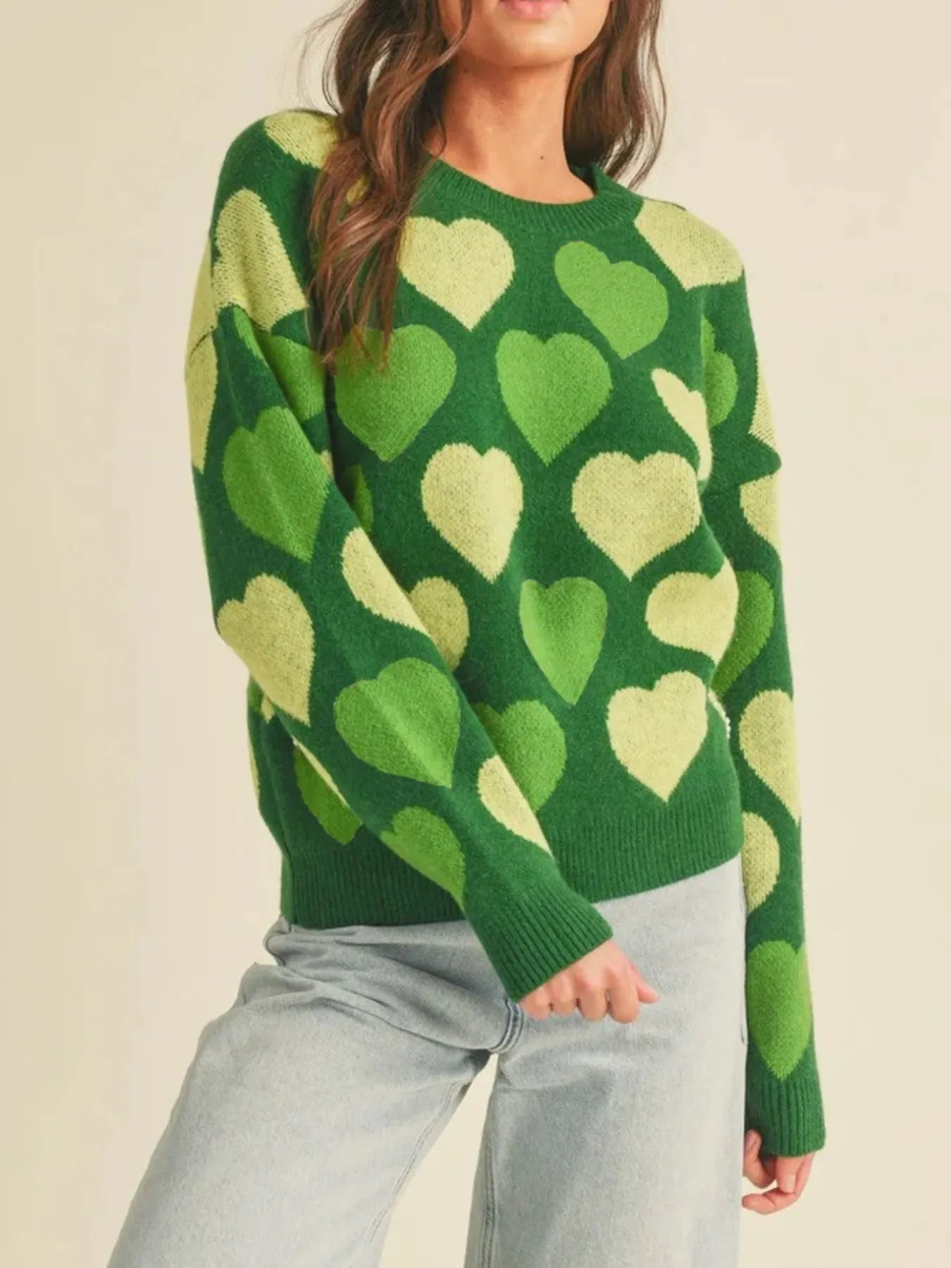 Women Heart Ribbed Hem Long Sleeve Sweater For Valentine's Day Gift For Her nicholesgifts