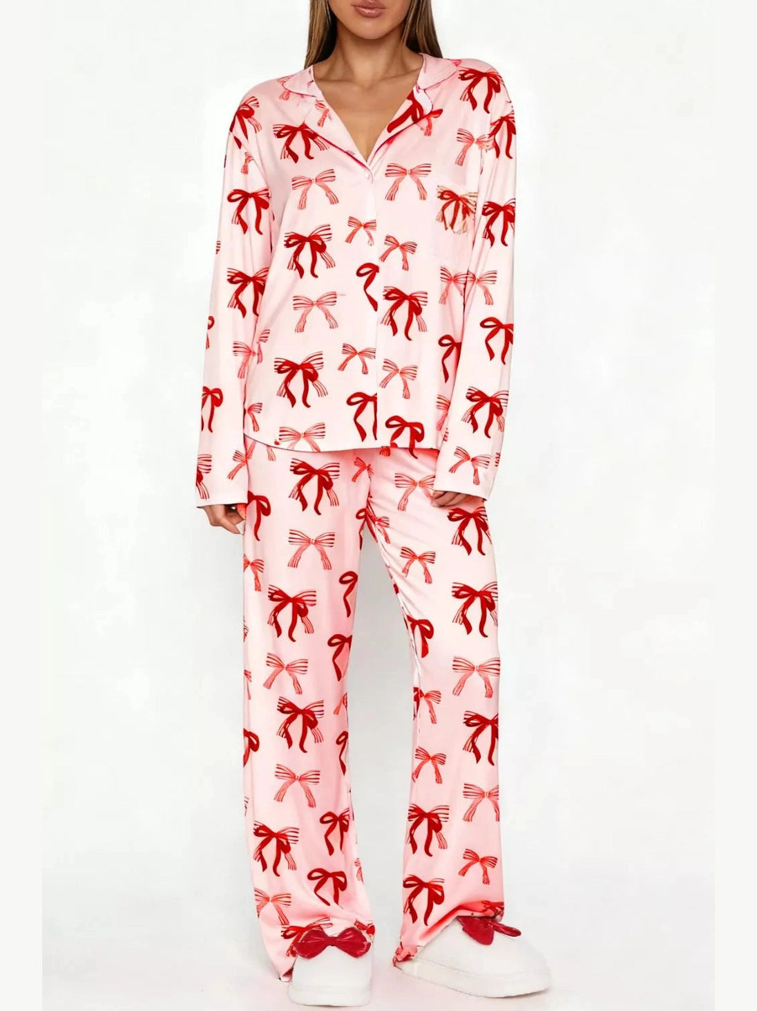 Bow Print Top and Wide Leg Pants Lounge Set nicholesgifts
