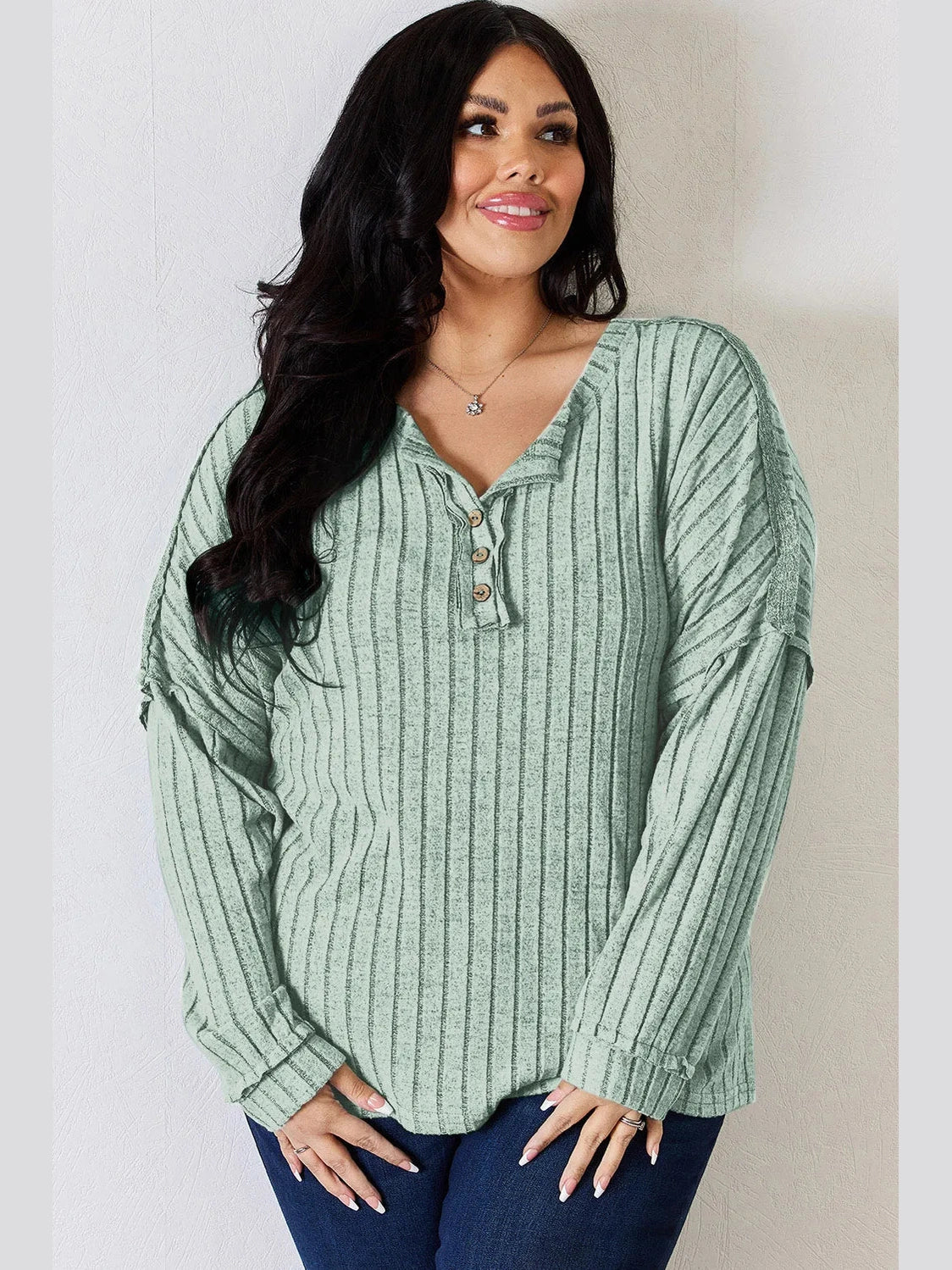 Basic Bae Full Size Ribbed Half Button Long Sleeve T-Shirt nicholesgifts