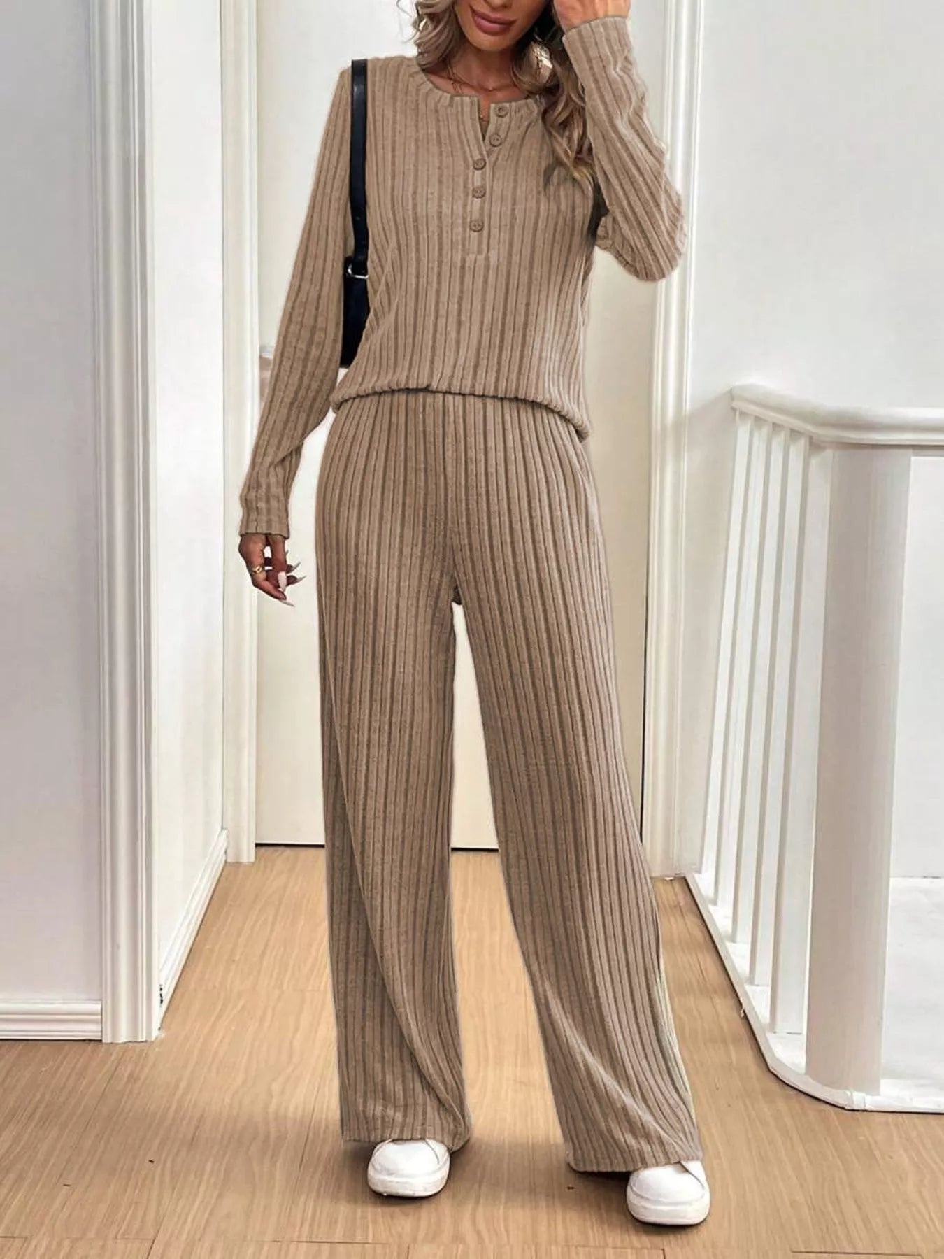 Button Detail Long Sleeve Top and Pants Set Trendsi