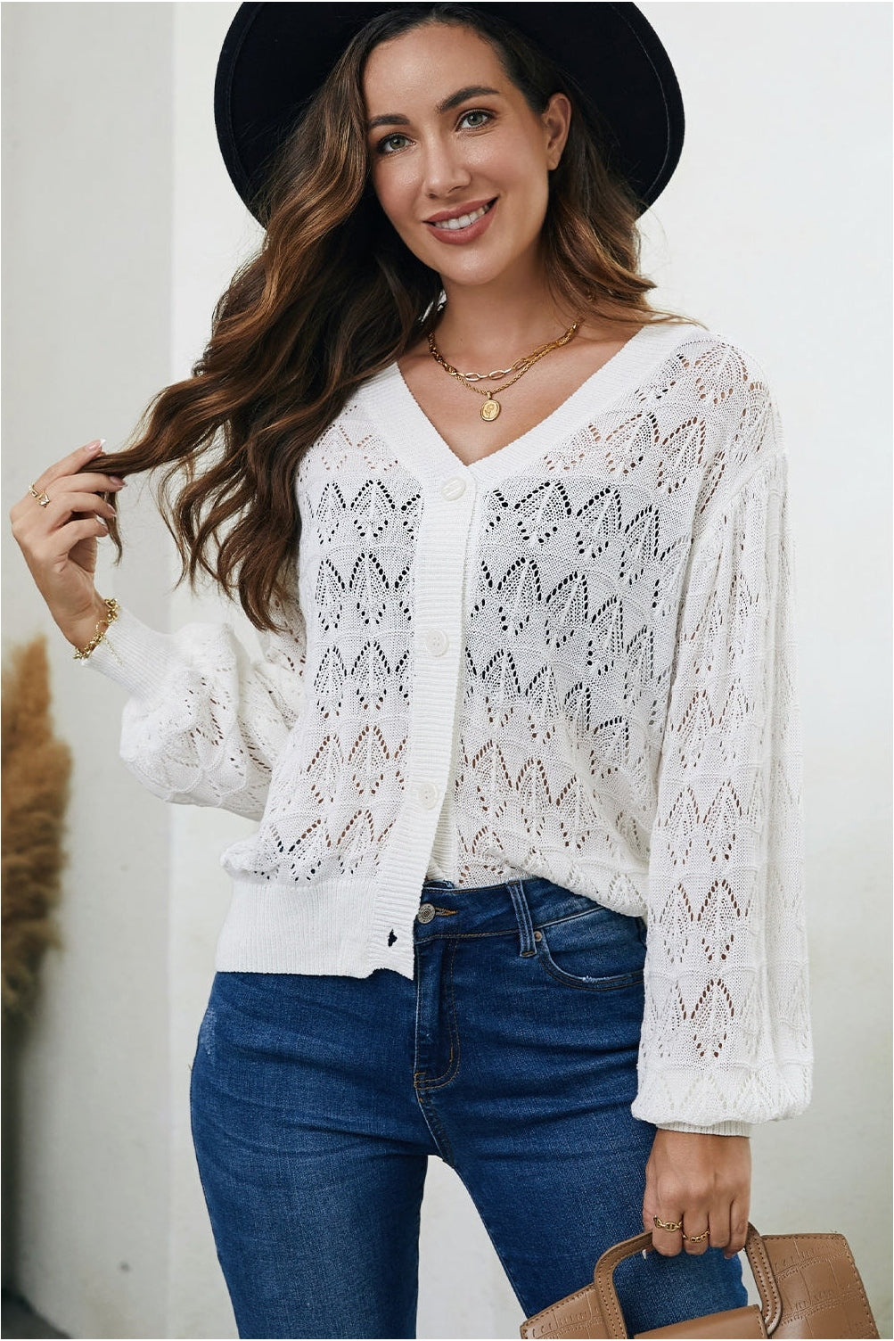 Openwork V-Neck Cardigan nicholesgifts