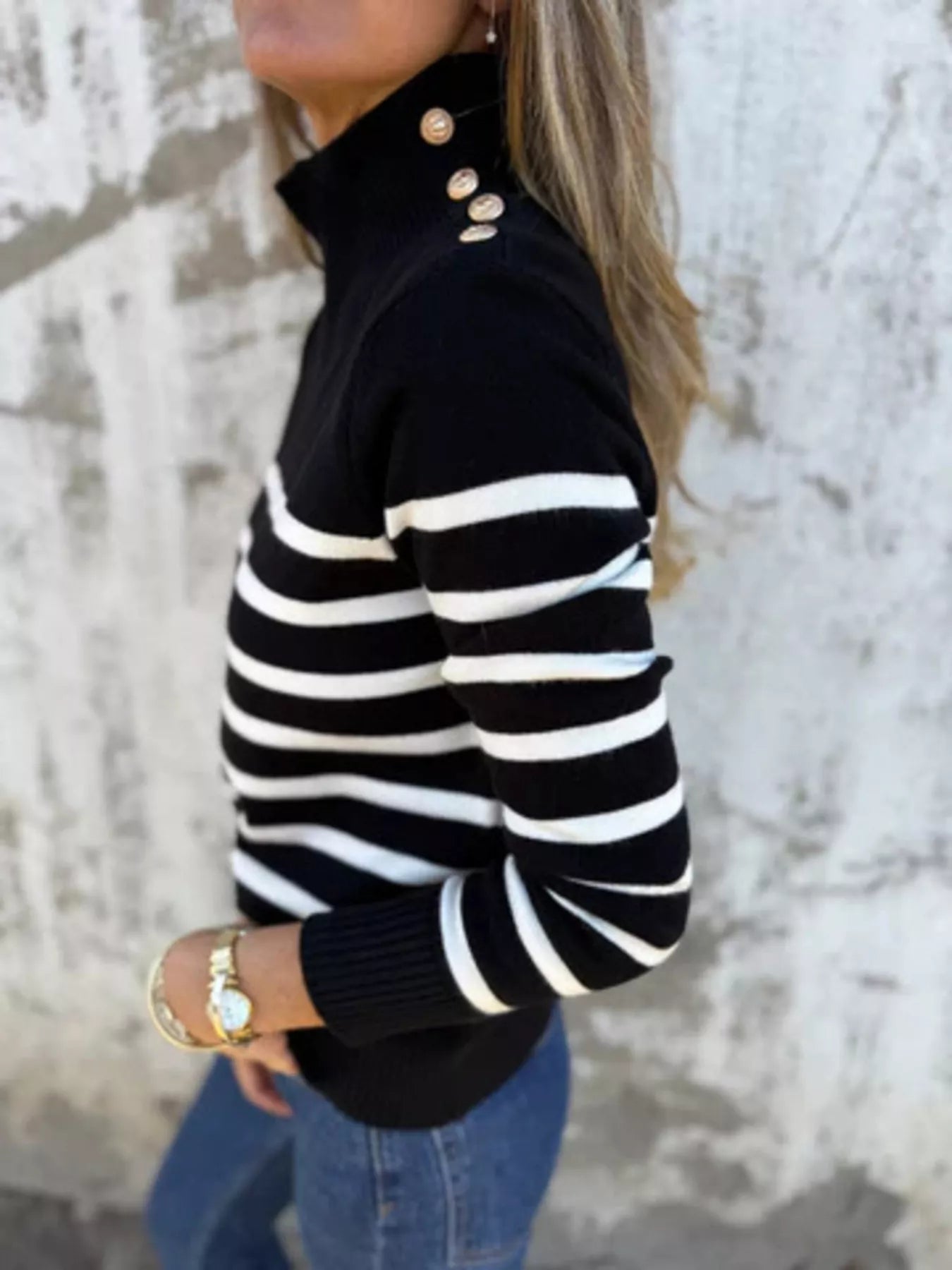 Full Size Striped Turtleneck Long Sleeve Sweater Plus Size Trendsi