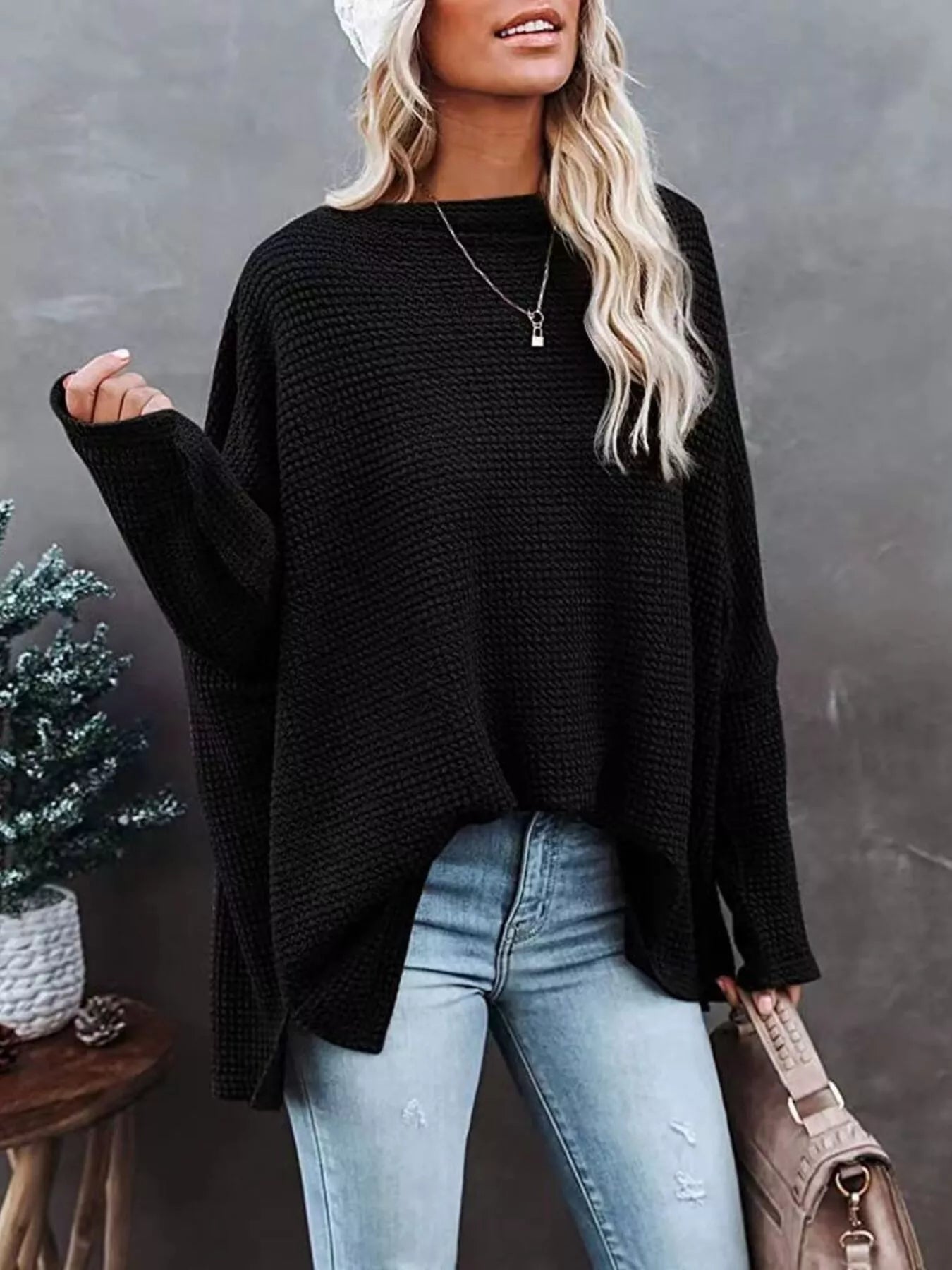 Waffle Knit Boat Neck T-Shirt nicholesgifts