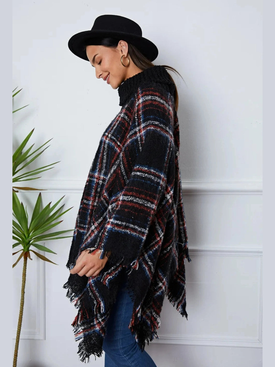 Shiny Turtleneck Plaid Raw Hem Sweater Trendsi