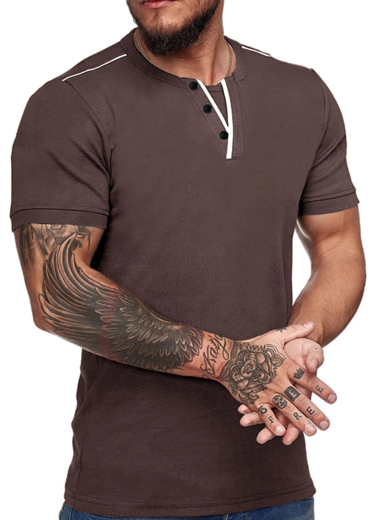 Men's Casual Henley Short Sleeve T-Shirt with Contrast Trim NicholesGifts
