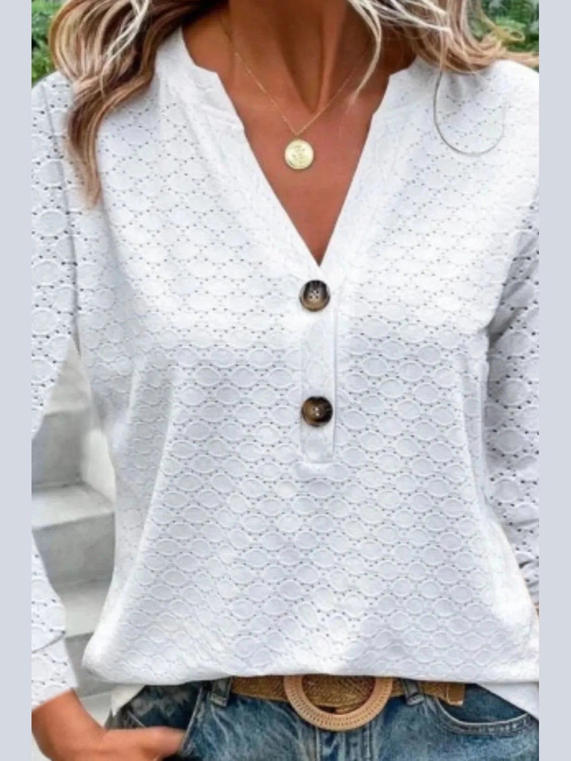 Eyelet Notched Long Sleeve T-Shirt