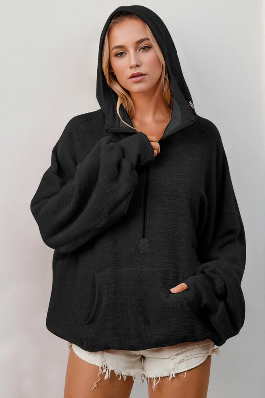 Double Take Full Size Half Zip Long Sleeve Hoodie with Kangaroo Pocket Trendsi