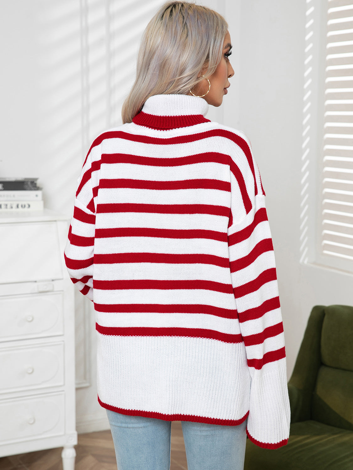Striped Slit Turtleneck Drop Shoulder Sweater nicholesgifts