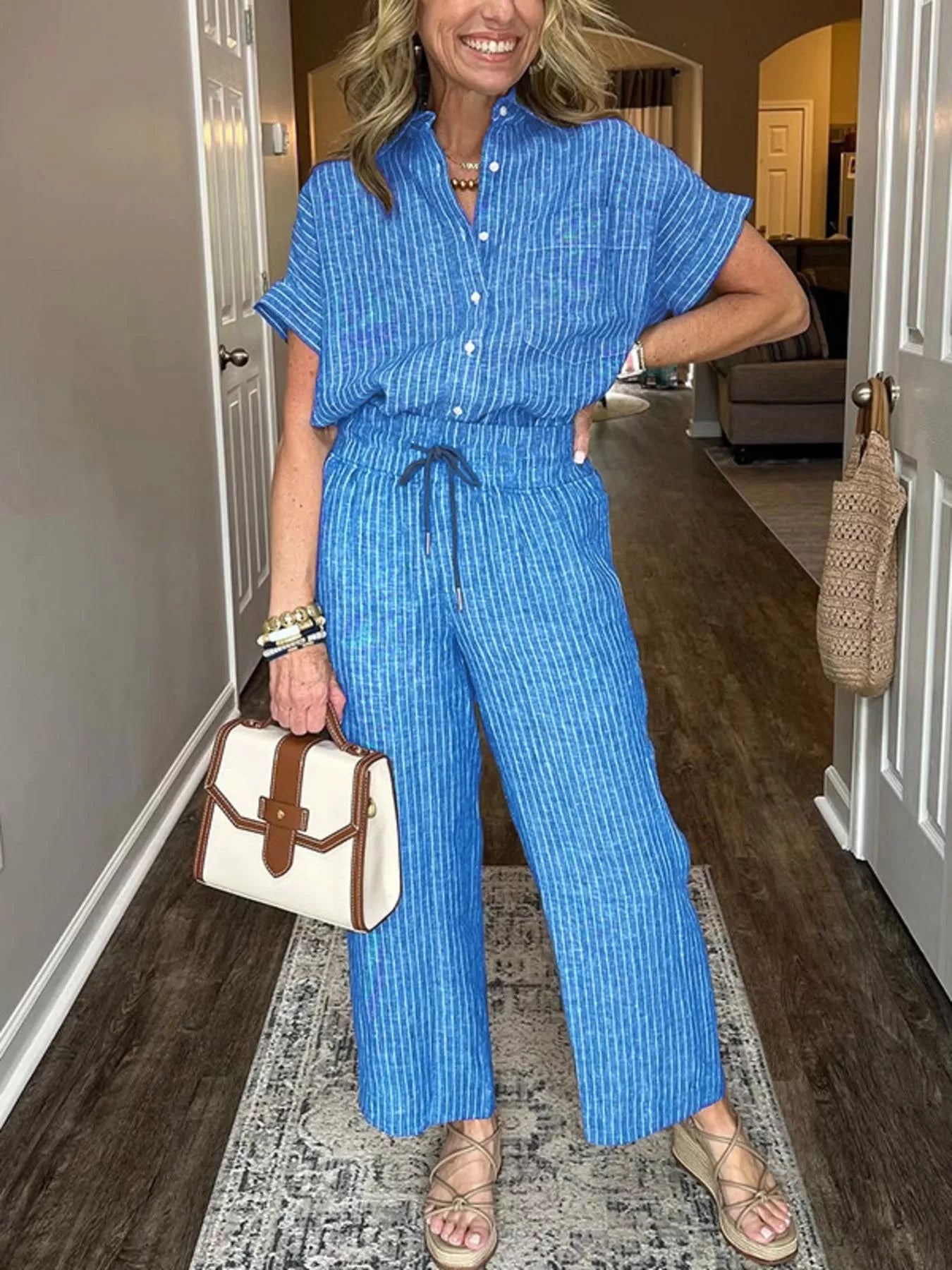Full Size Striped Button-Up Shirt and Wide Leg Pants Casual Set Plus Size Trendsi
