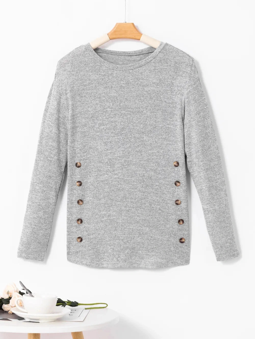 Decorative Button Round Neck Long Sleeve Top