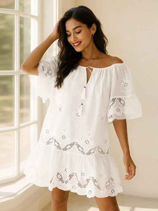 Eyelet Embroidered Tassel Tie Neck Dress Trendsi