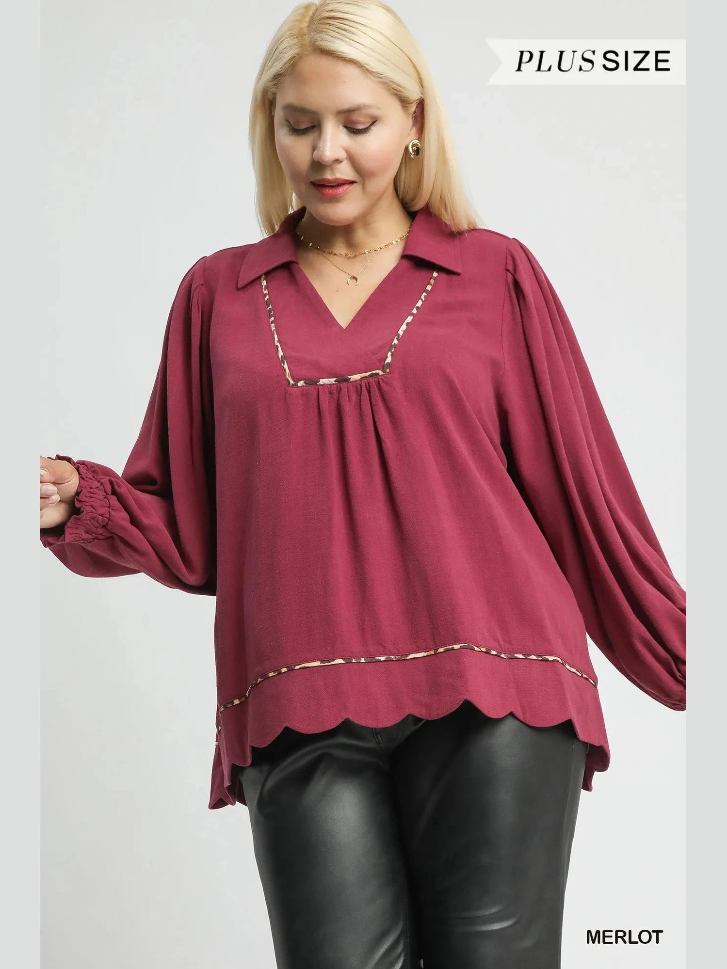 Women Umgee Full Size Linen Scallop Hem Long Sleeve Blouse with Contrast Trim Plus Size NicholesGifts