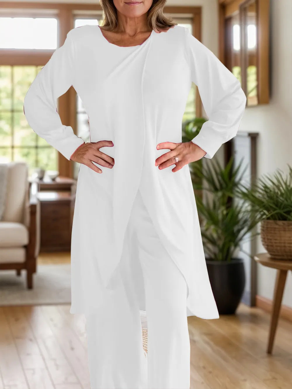 Full Size Slit Round Neck Long Sleeve Top and Pants Set Trendsi