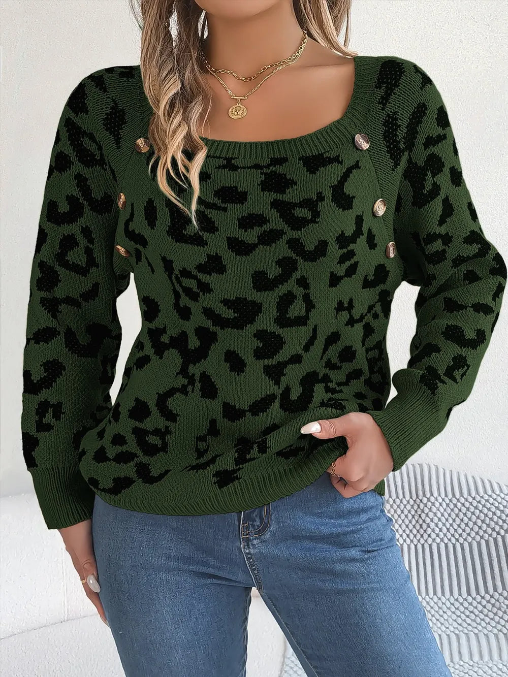 Leopard Buttoned Square Neck Sweater Trendsi