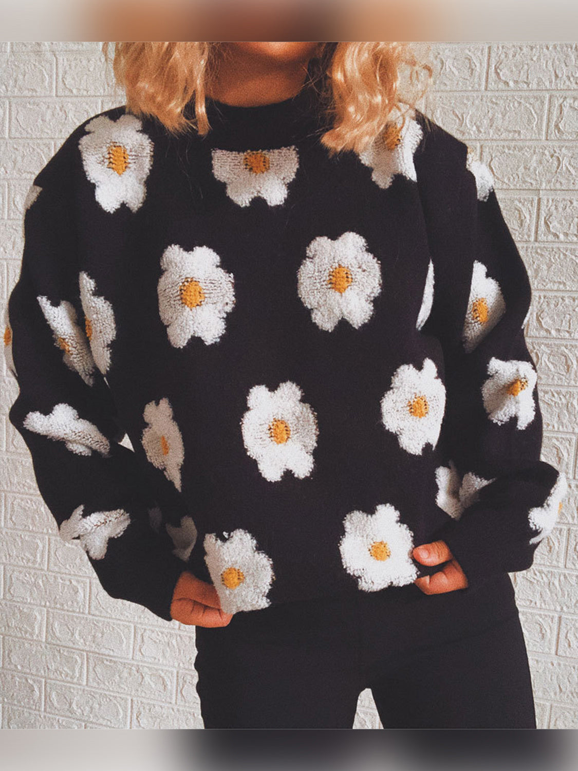 Flower Round Neck Long Sleeve Sweater Trendsi