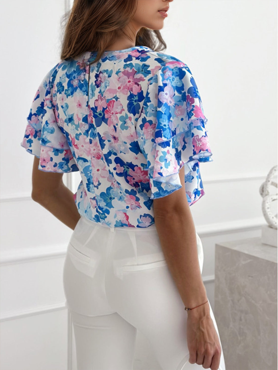 Floral Round Neck Flutter Sleeve Blouse nicholesgifts