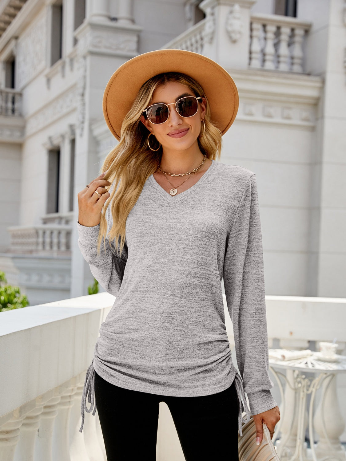 Women Drawstring V-Neck Long Sleeve T-Shirt nicholesgifts