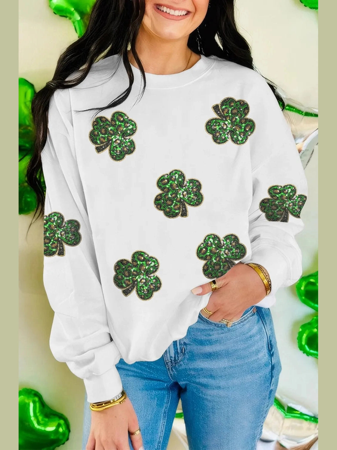 Sequin Lucky Clover Long Sleeve Sweatshirt Trendsi