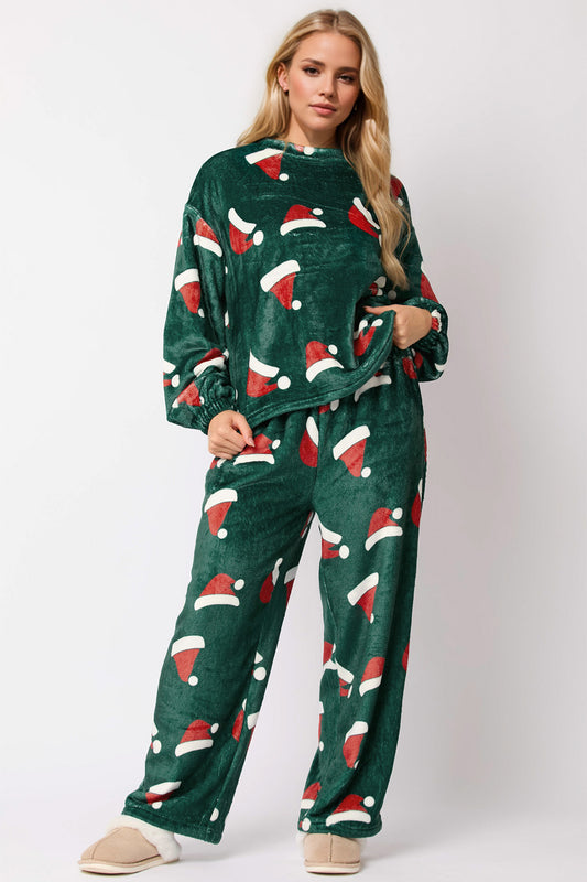 Christmas Hat Pattern Round Neck Long Sleeve Top and Pants Set NicholesGifts