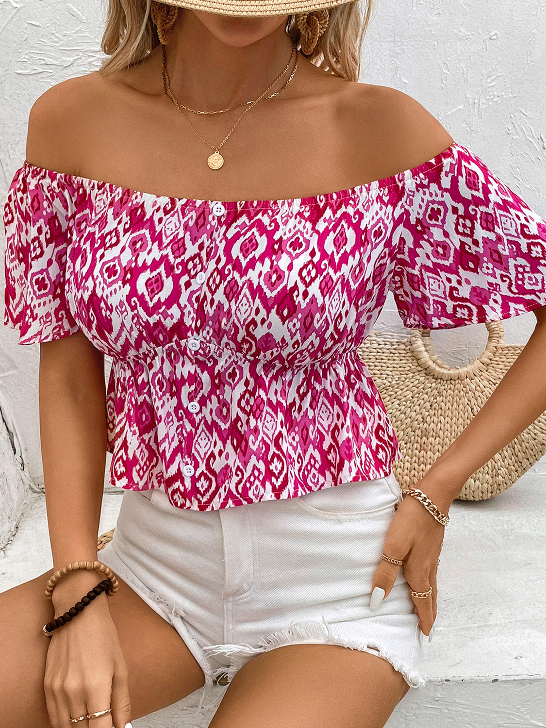 Peplum Printed Off-Shoulder Short Sleeve Blouse nicholesgifts