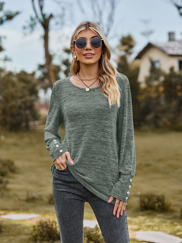 Round Neck Long Sleeve Buttoned T-Shirt NicholesGifts