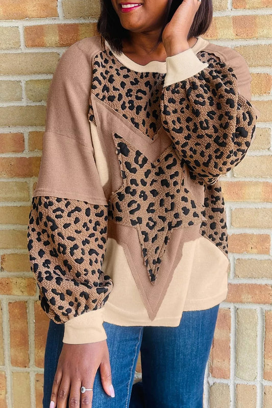 Leopard Star Patchwork Round Neck Sweatshirt Trendsi