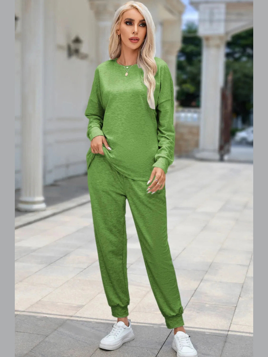 Round Neck Top and Drawstring Pants Lounge Set nicholesgifts