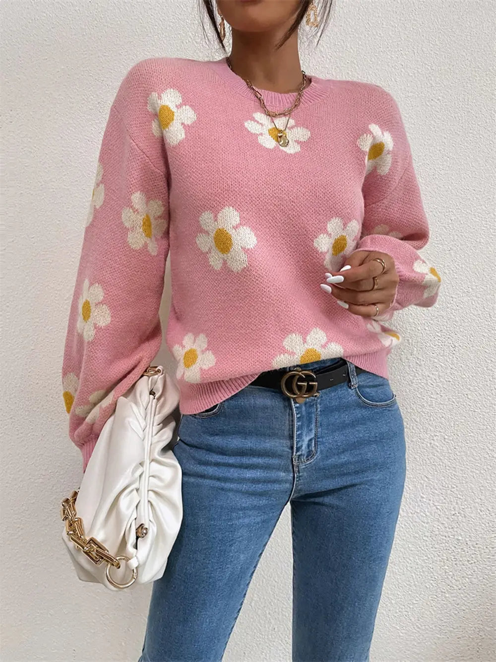 Flower Round Neck Latern Sleeve Sweater Trendsi