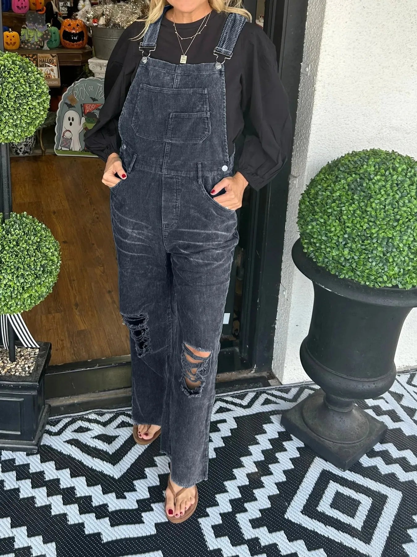 Distressed Wide Leg Corduroy Overalls nicholesgifts