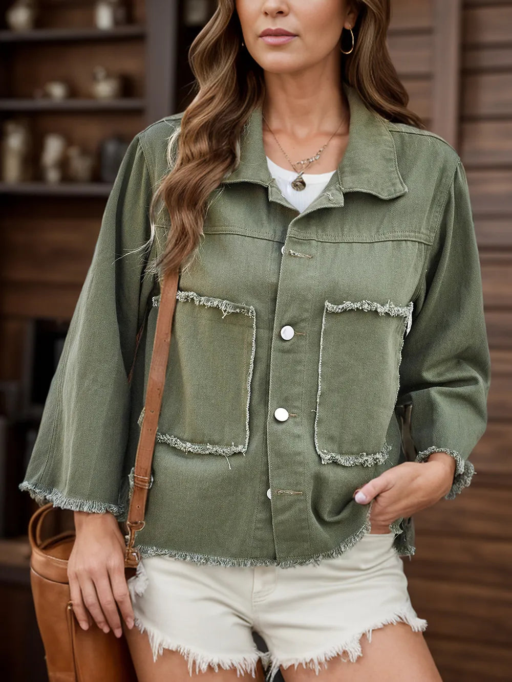 Raw Hem Button Up Denim Jacket Trendsi