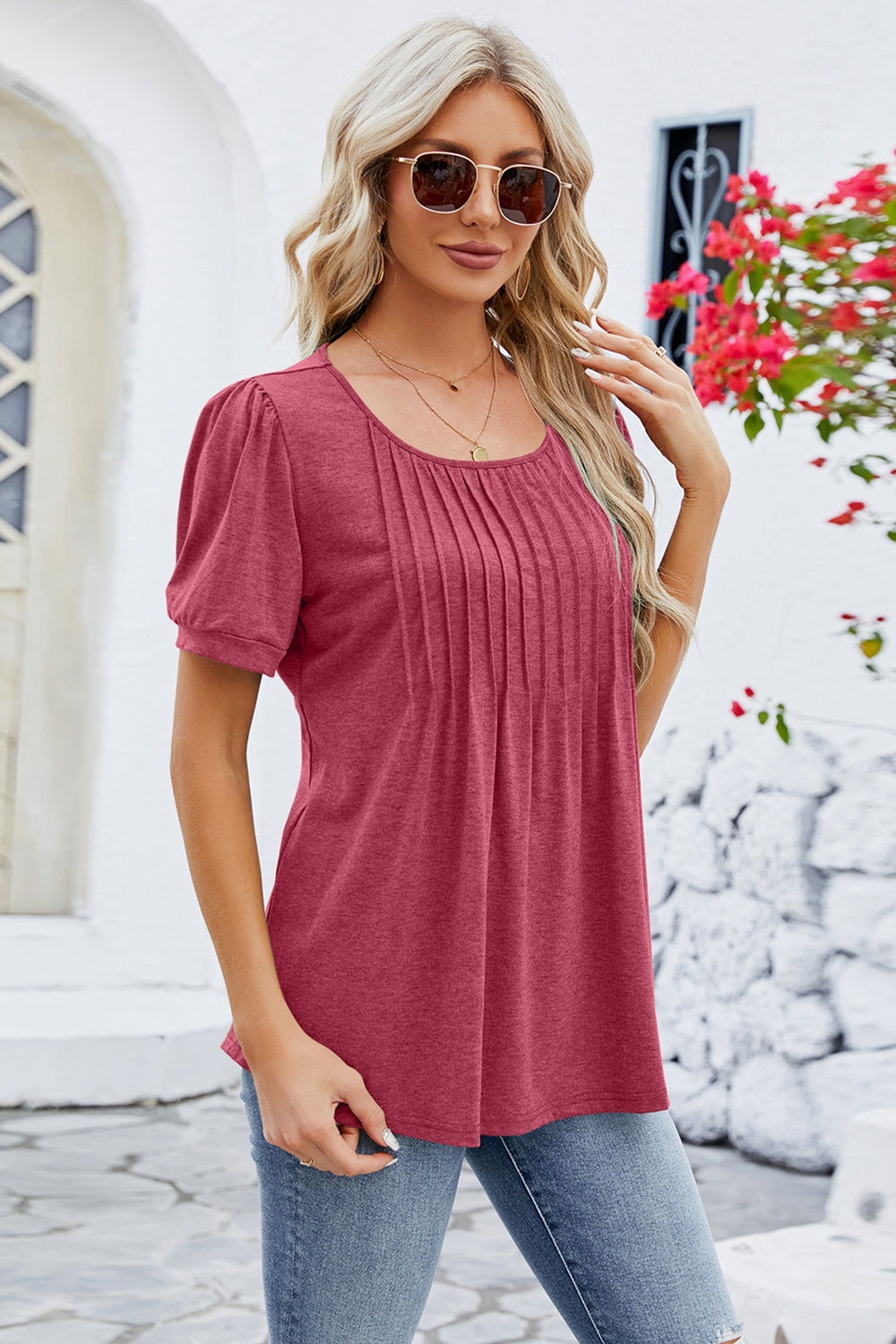 Ruched Scoop Neck Short Sleeve Blouse nicholesgifts