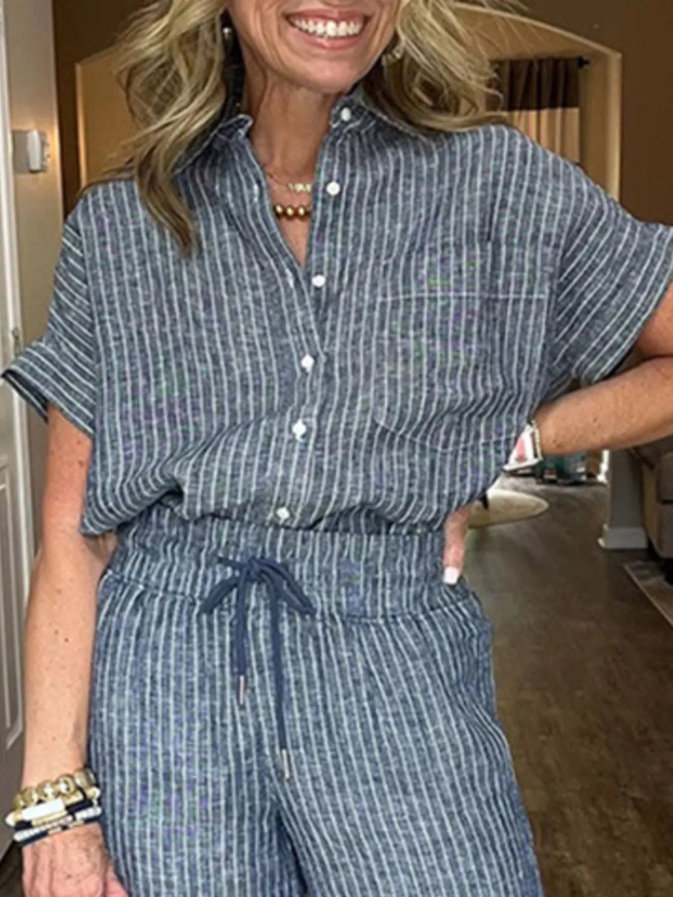 Full Size Striped Button-Up Shirt and Wide Leg Pants Casual Set Plus Size Trendsi