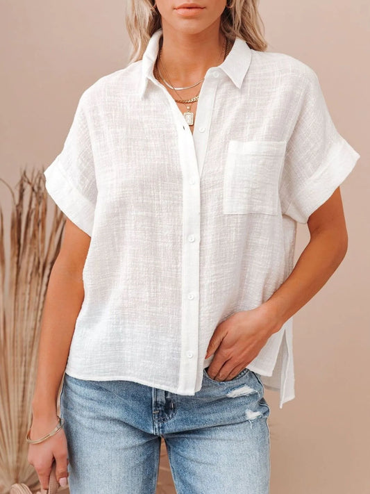 Full Size Button Up Short Sleeve Shirt Plus Size Trendsi