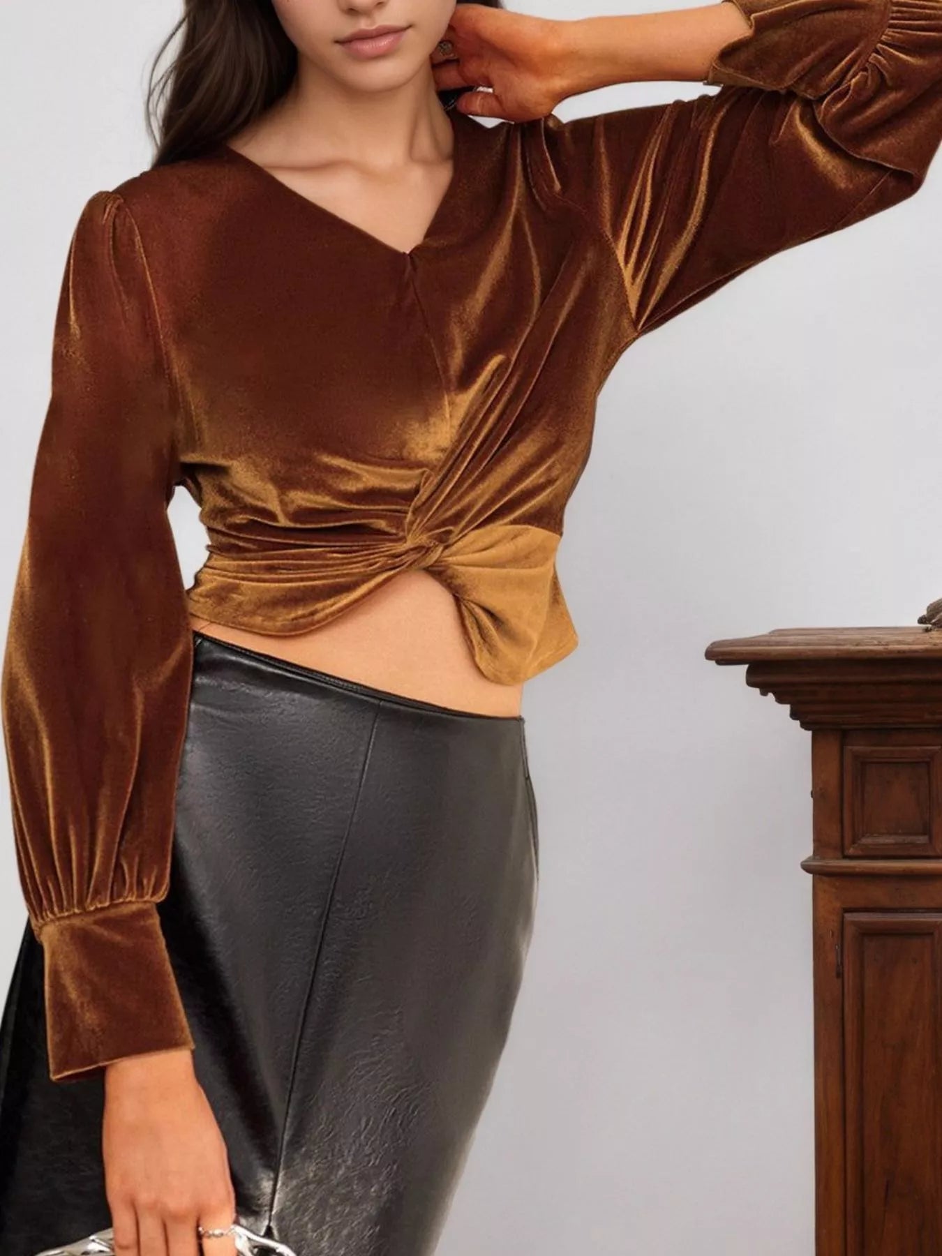 Twisted V-Neck Long Sleeve Blouse NicholesGifts