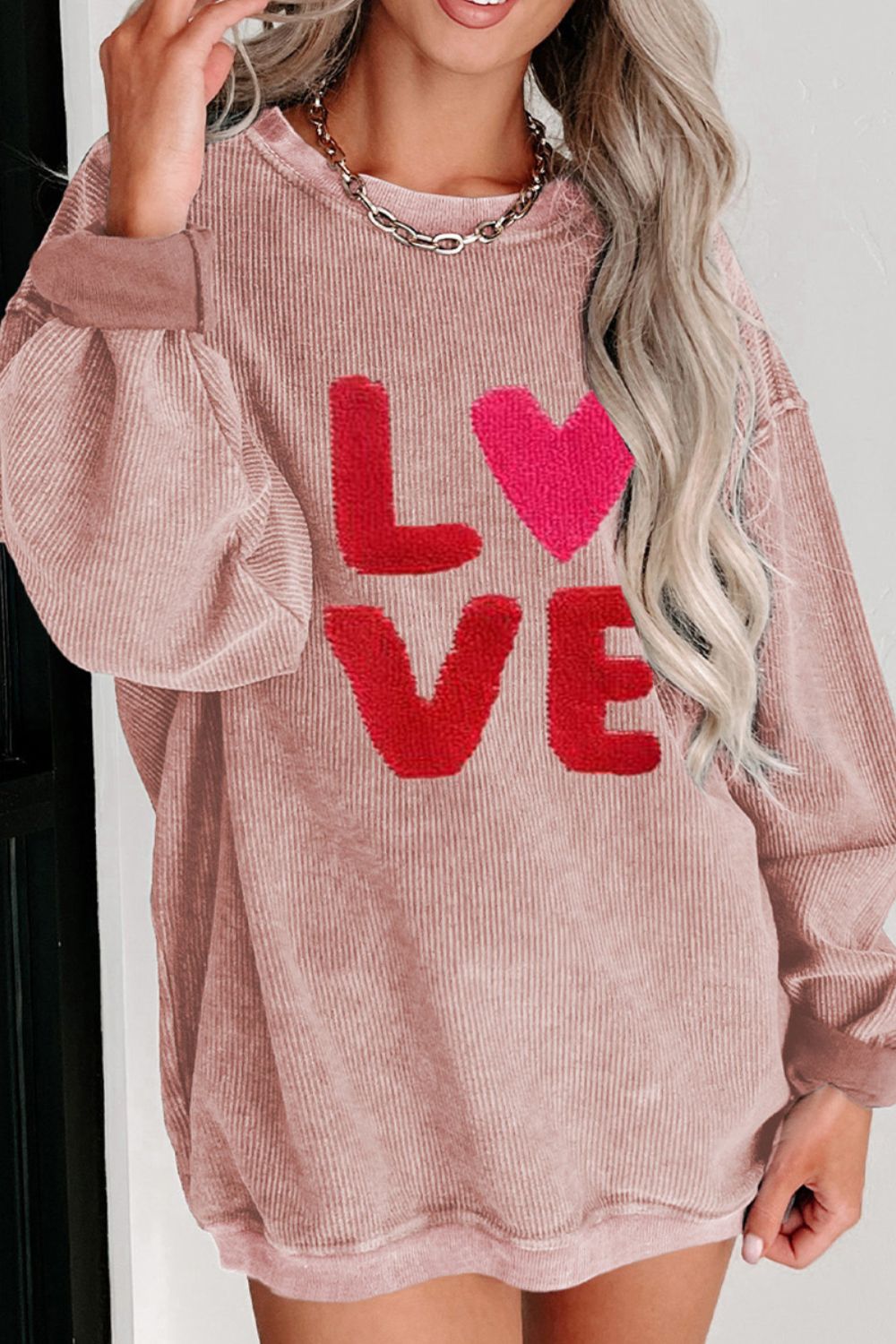 Women Valentine’s Day LOVE Round Neck Long Sleeve Sweatshirt NicholesGifts